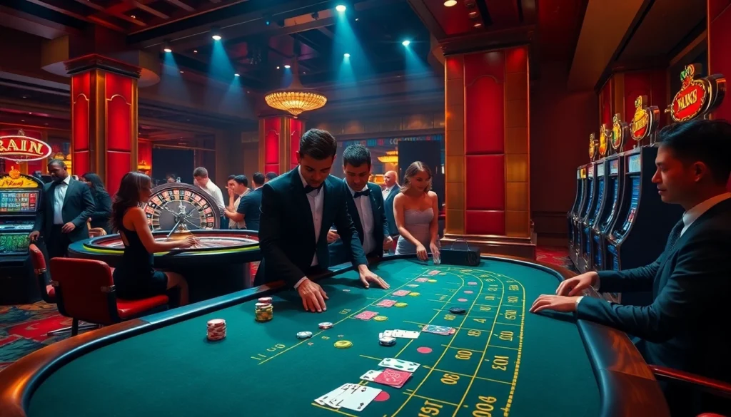 Experience the excitement of a lively casino with uu88 com, featuring players engaging at a blackjack table surrounded by vibrant gaming machines.