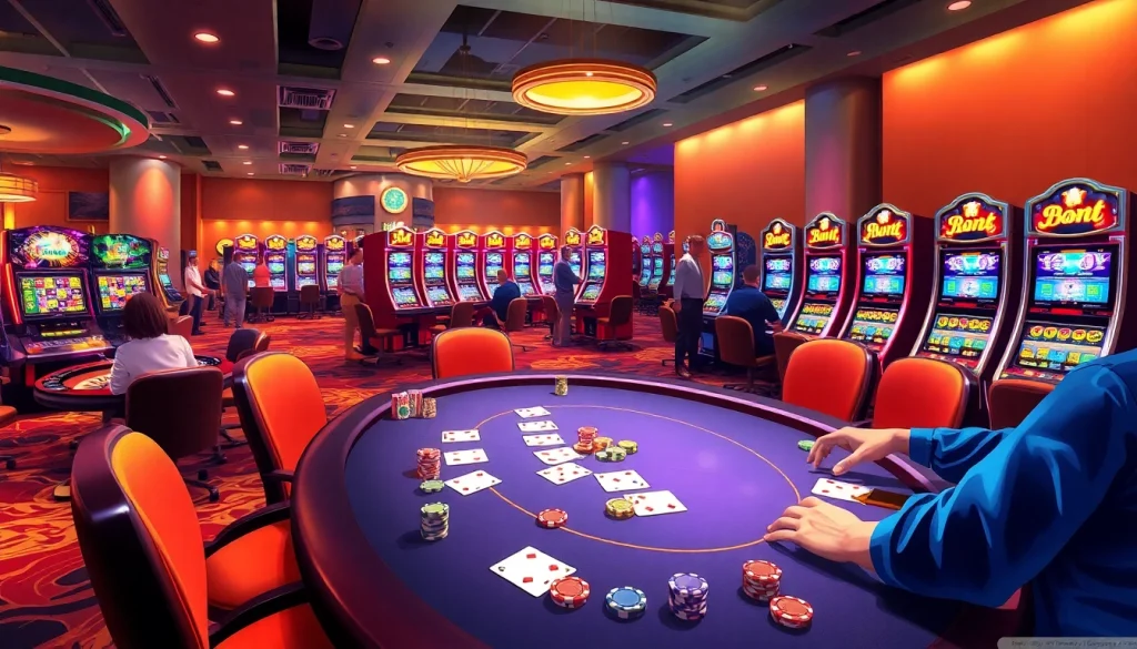 Experience the thrill of QQ88 as players engage around a lively poker table in a vibrant casino setting.