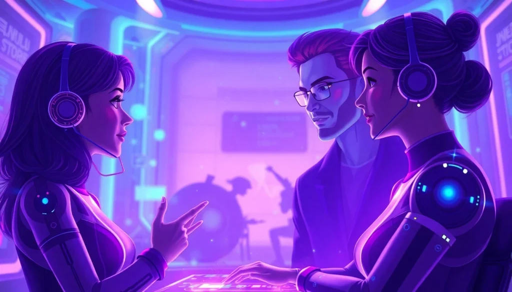 Engaging scene of virtual characters in an AI porn chat, showcasing intimate conversations and modern tech elements.