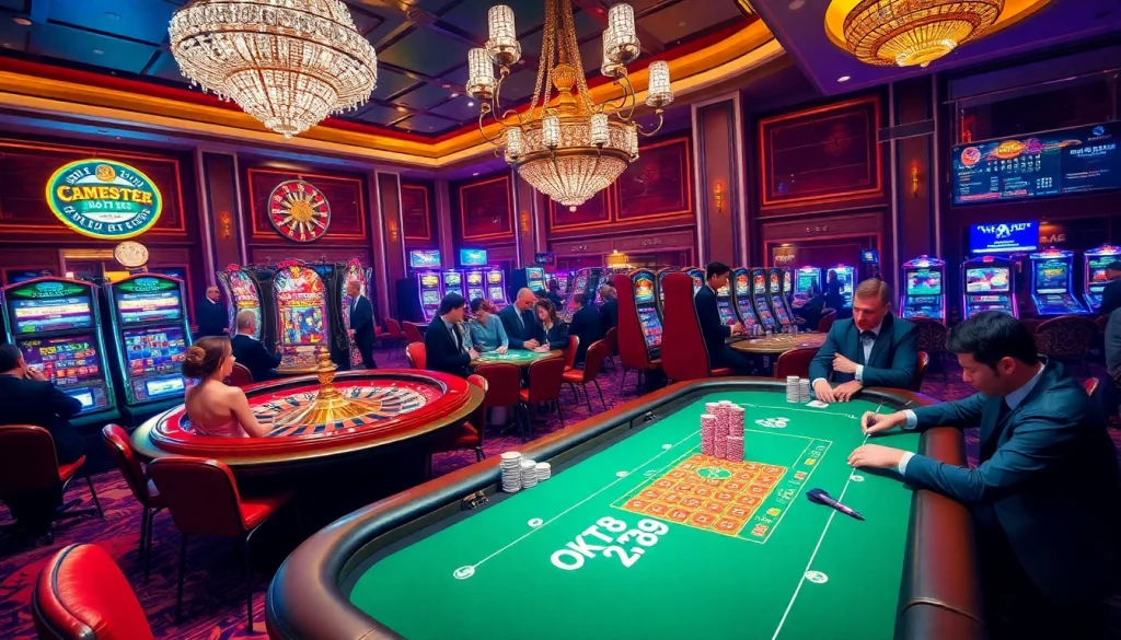 Representation of a thrilling casino scene showcasing OK789-themed gaming activities, featuring roulette and poker tables.